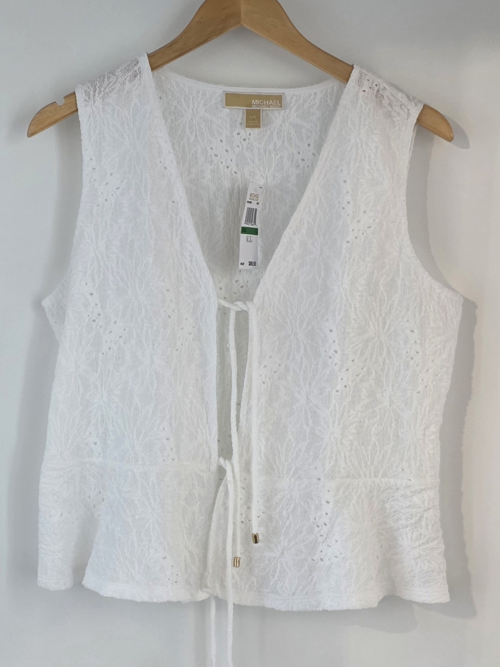 Michael Michael Kors White Sleeveless Eyelet Tie-Front Top Womens Size Large